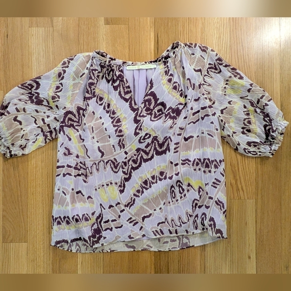 Marie Oliver Women's silk Blouse Top Abstract Print Gauzy Size S Short Sleeve - Picture 7 of 8